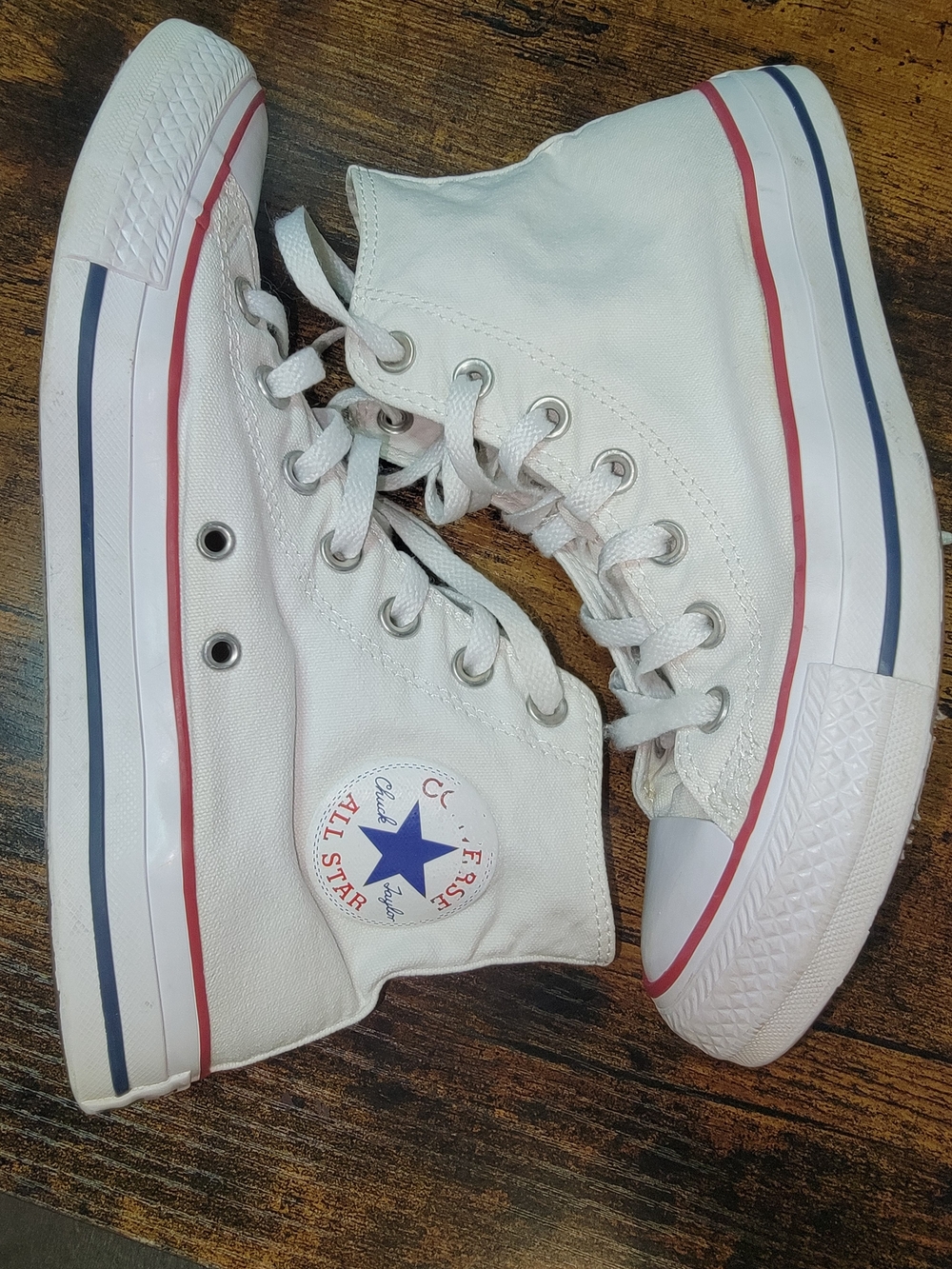Converse White High-Top Sneakers with Red & Blue Stripes